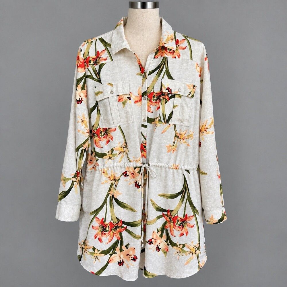 Chico's Tropical Floral Cinch Waist Longline Shirt Jacket Utility Size 4-XXL